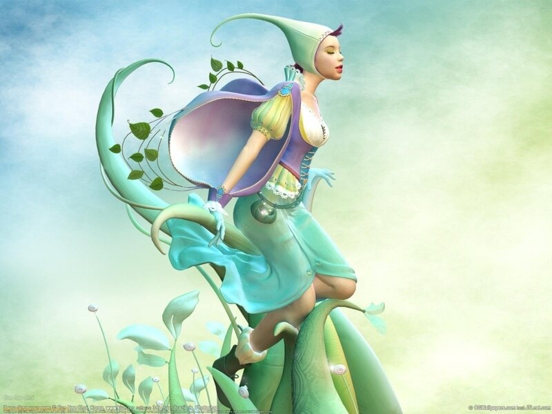 Fairy on a Plant — Green, Serene, Digital Art, Cape