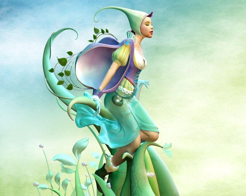 Fairy on a Plant — Green, Serene, Digital Art, Hat