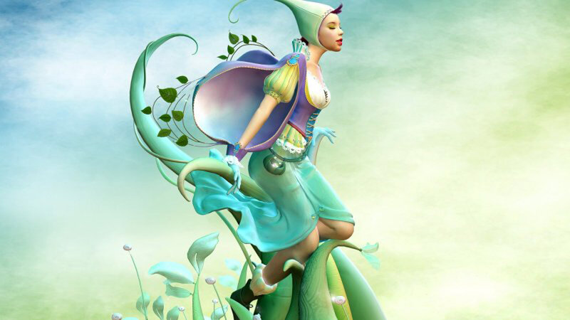 Fairy on a Plant — Green, Serene, Digital Art
