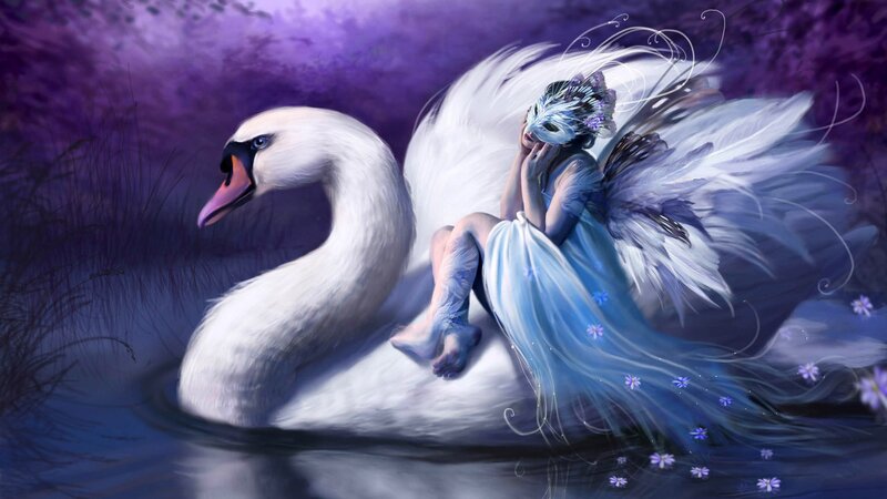 Fairy on a Swan — Purple, Serene, Night, Digital Art, Mask