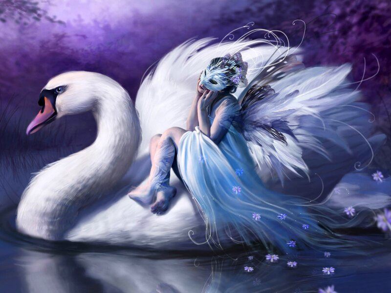 Fairy on a Swan — Purple, Serene, Night