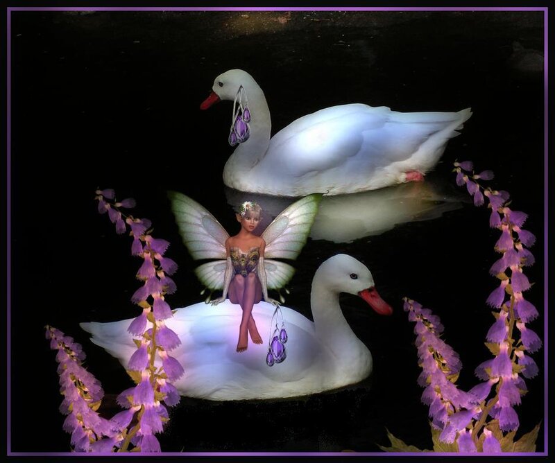 Fairy on a swan with purple flowers