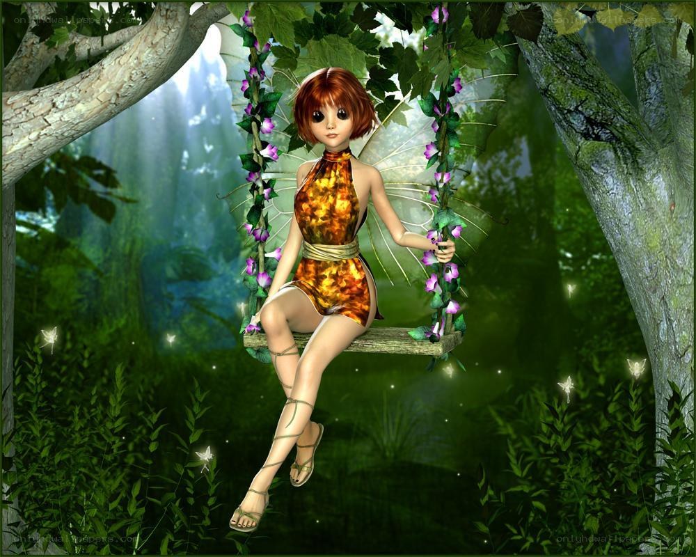 Fairy on a swing in forest