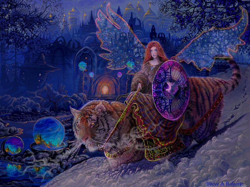 Fairy on a tiger in fantasy realm