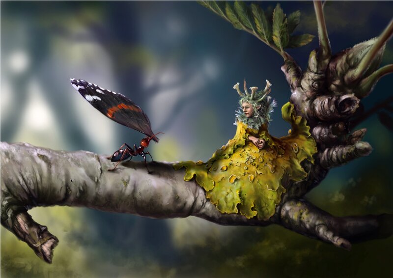 Fairy on a Tree Branch — Green, Fantastical