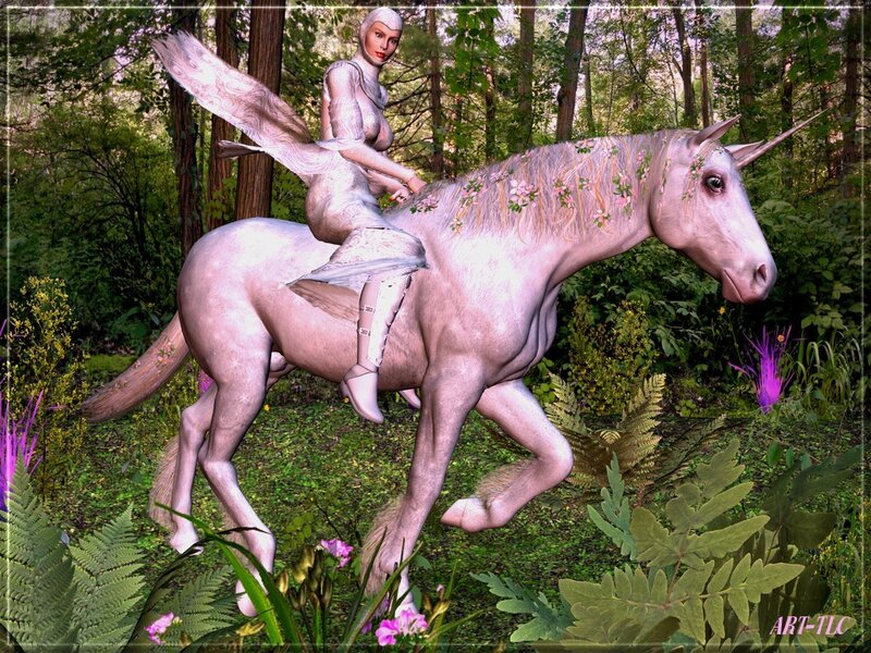Fairy on a unicorn in forest