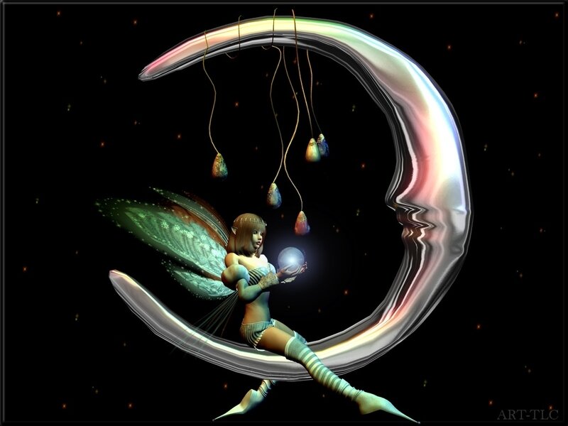 Fairy on Crescent Moon — Black, Serene, Night