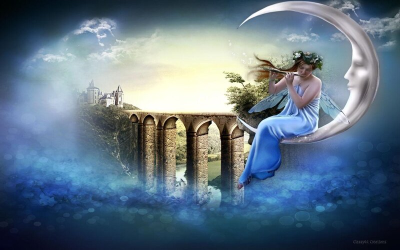 Fairy on Crescent Moon — Blue, Fantasy, Night