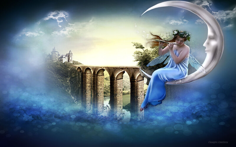 Fairy on Crescent Moon — Blue, Fantasy