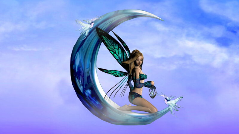 Fairy on Crescent Moon — Blue, Serene, Night, 3d Render, Butterfly Wings