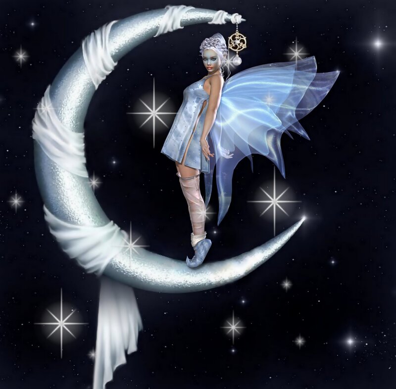 Fairy on Crescent Moon — Blue, Serene, Night, 3d Render