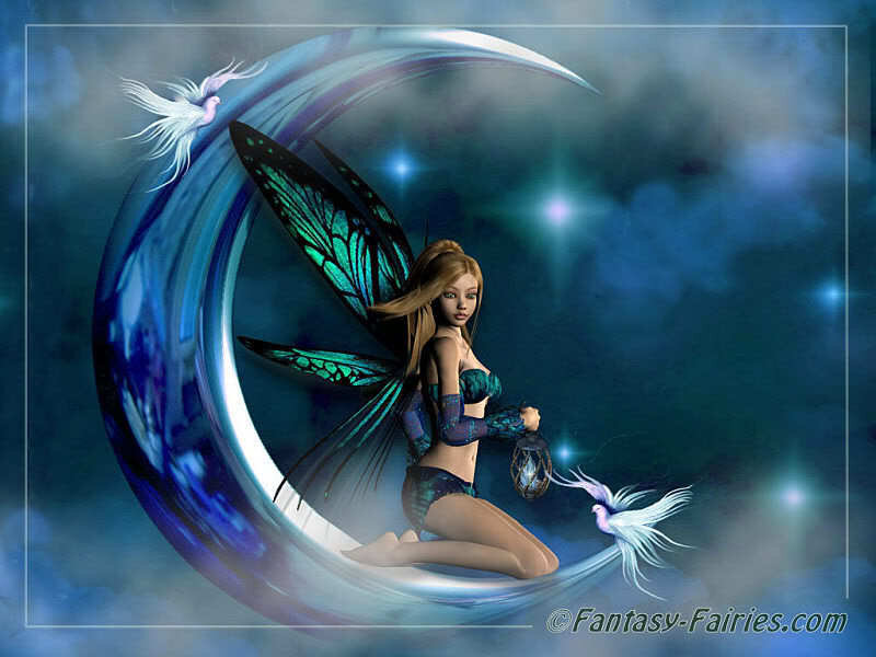 Fairy on Crescent Moon — Blue, Serene, Night, Digital Art, Birds, Stars