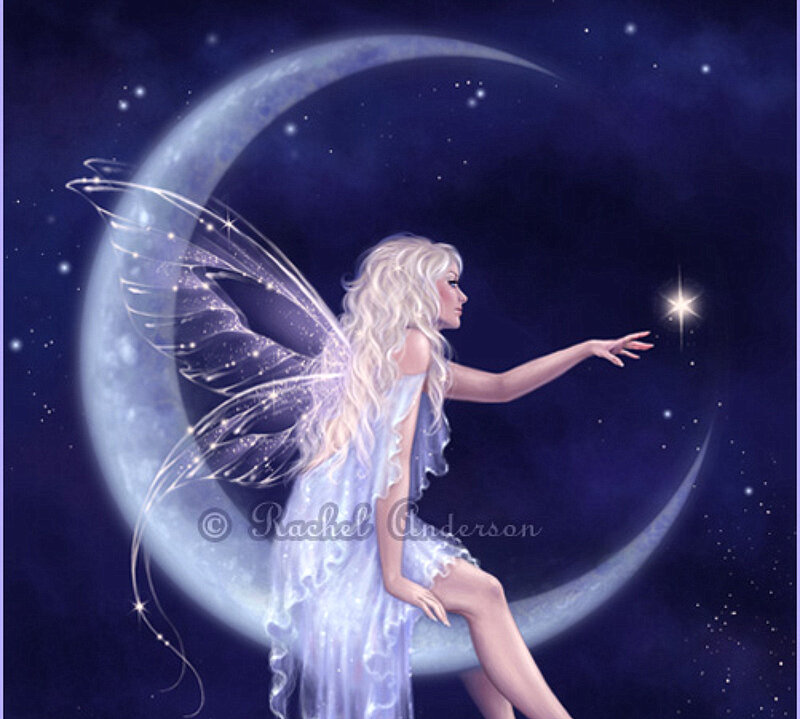 Fairy on Crescent Moon — Blue, Serene, Night, Digital Art