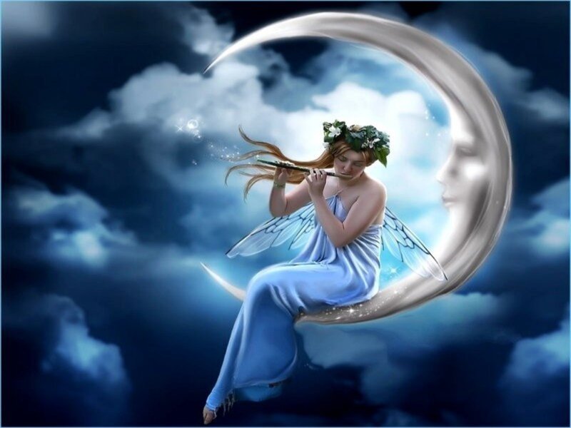 Fairy on Crescent Moon — Blue, Serene