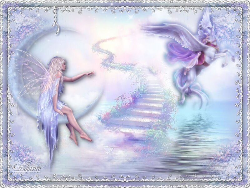 Fairy on Crescent Moon — Purple, Serene, Digital Art