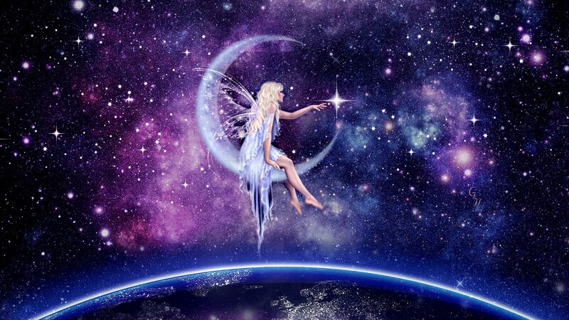 Fairy on Crescent Moon — Purple, Serene, Night