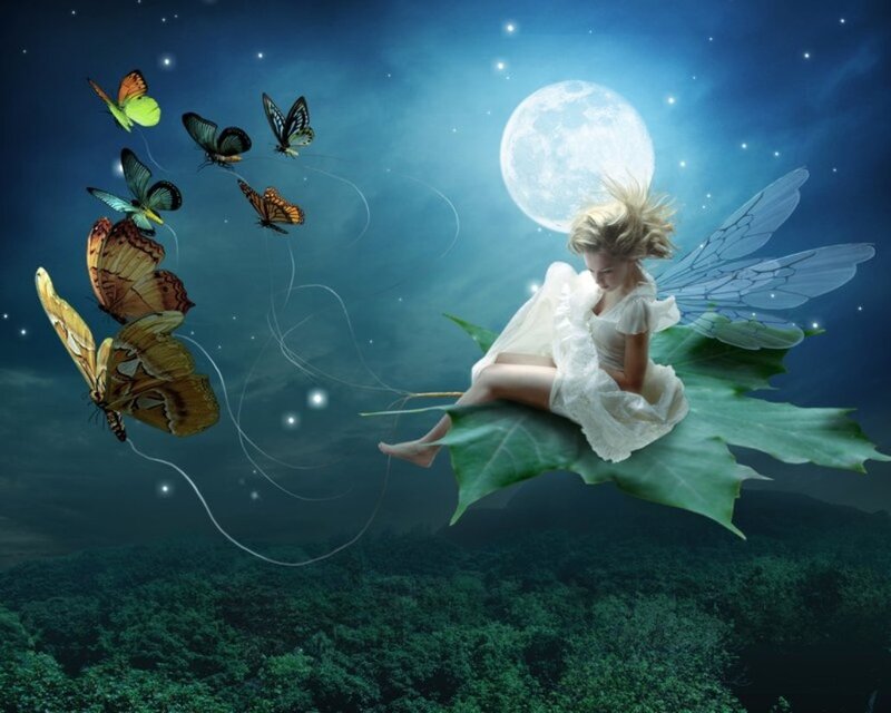Fairy on Leaf with Butterflies — Blue, Serene