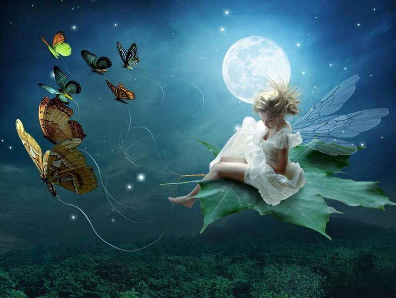 Fairy on Leaf with Butterflies — Blue