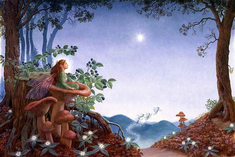 Fairy on Mushroom — Blue, Serene, Night