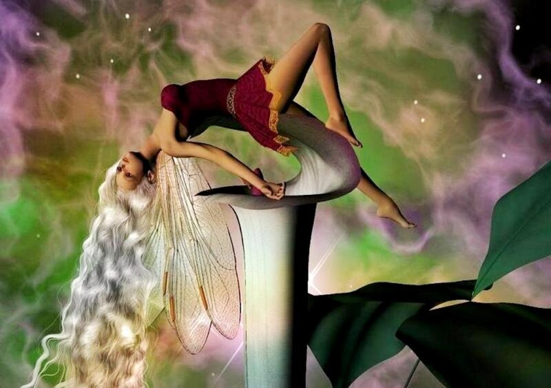 Fairy on Mushroom — Green, Dreamy, Digital Art