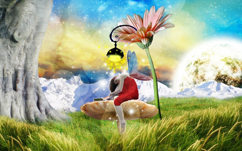 Fairy on Mushroom — Green, Dreamy