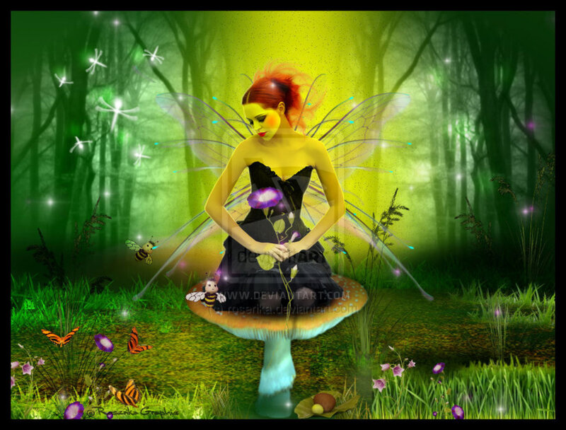 Fairy on Mushroom — Green, Magical, Night