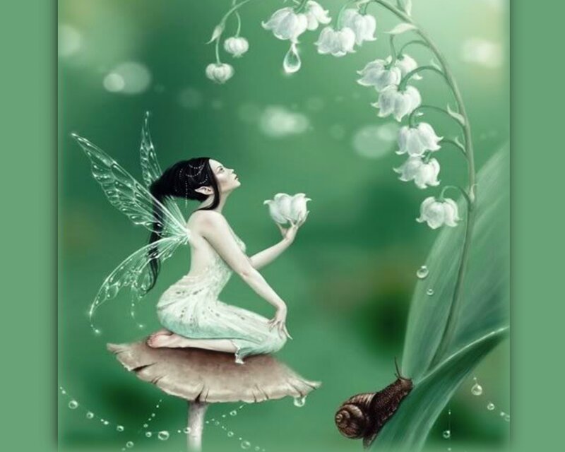 Fairy on Mushroom — Green, Serene, Digital Art