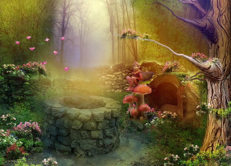 Fairy on Mushroom — Green, Whimsical, Morning