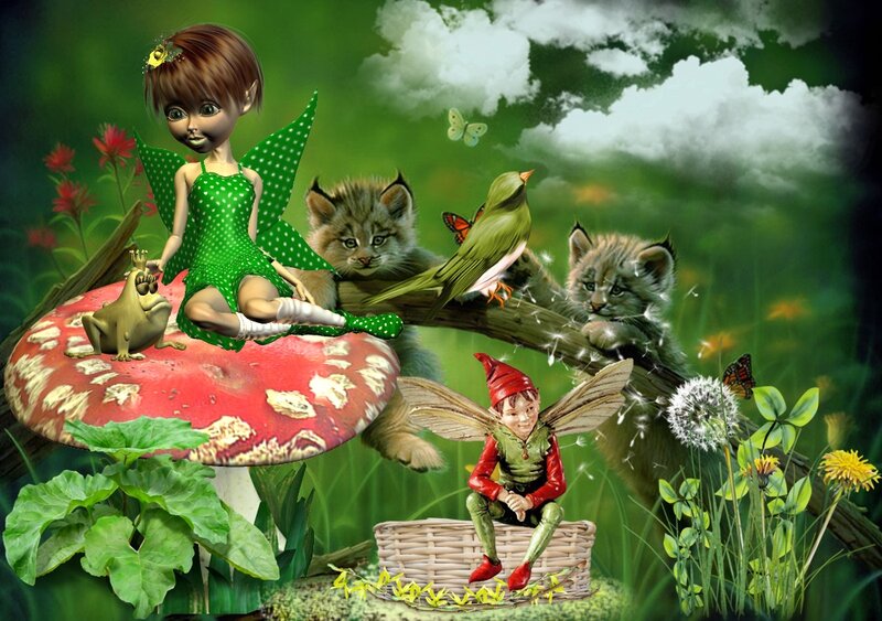 Fairy on Mushroom — Green, Whimsical, Spring