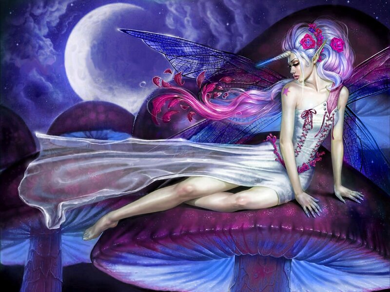 Fairy on Mushroom — Purple, Serene, Night