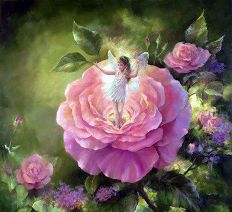 Fairy on Pink Rose — Serene, Painting