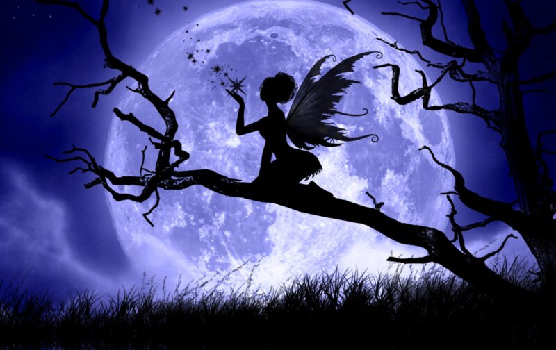 Fairy on Tree Branch — Blue, Mystical