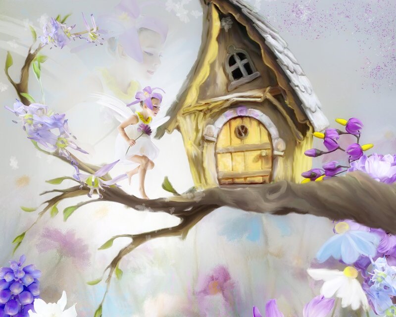 Fairy on Tree Branch — Purple, Whimsical