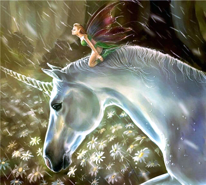 Fairy on Unicorn — White, Serene, Night