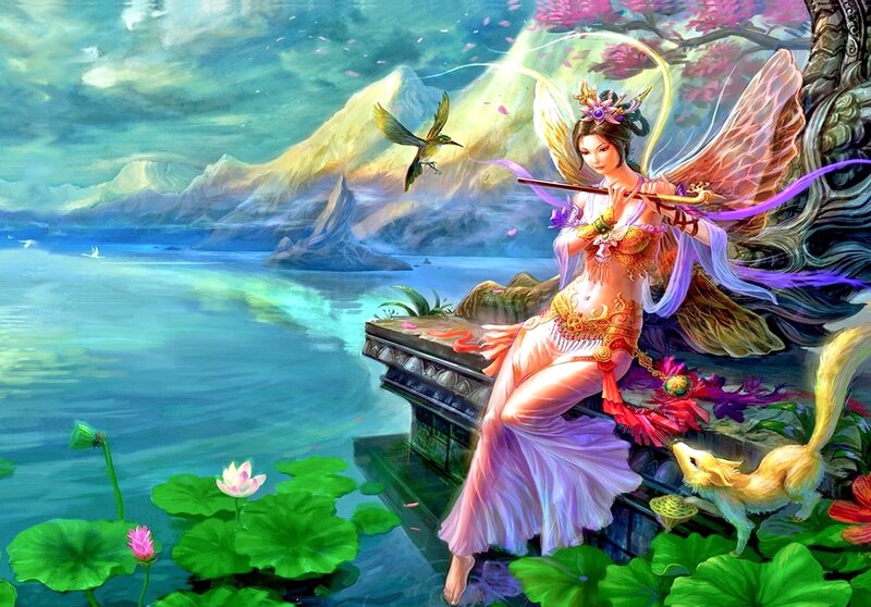 Fairy Playing Flute — Blue, Serene, Afternoon