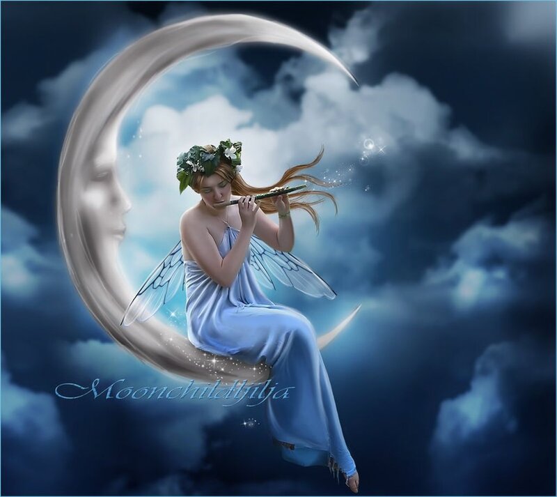 Fairy Playing Flute — Blue, Serene, Night, Digital Art, Moon, Clouds