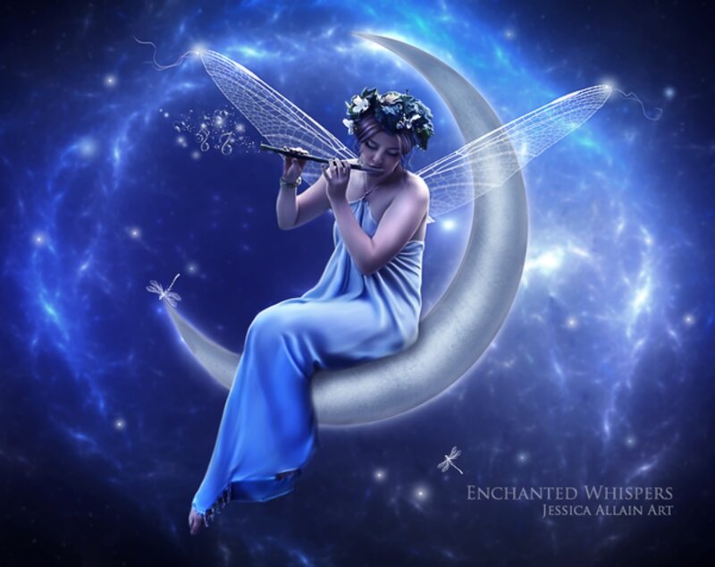 Fairy Playing Flute — Blue, Serene, Night, Digital Art, Moon
