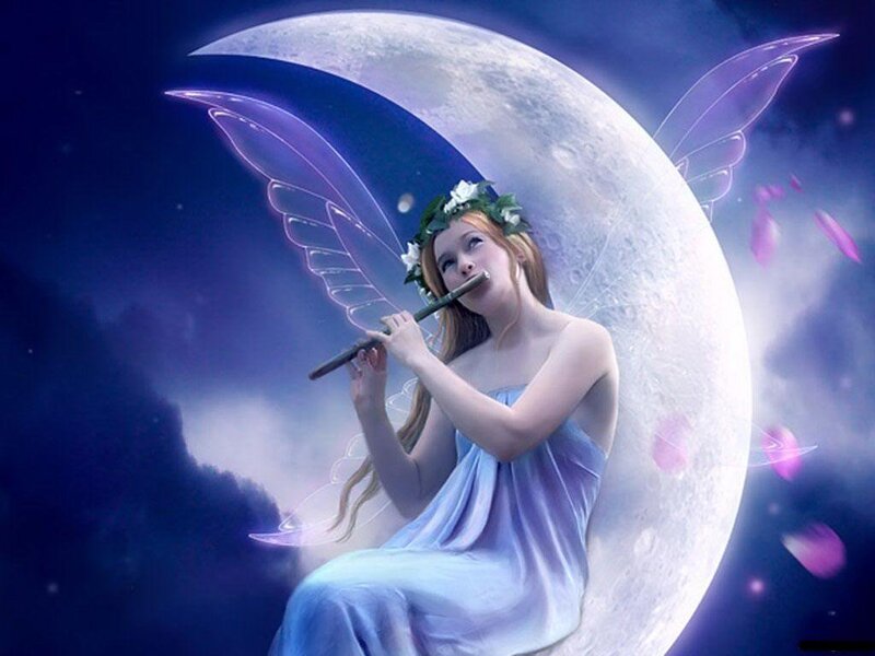 Fairy Playing Flute — Blue, Serene, Night, Digital Art