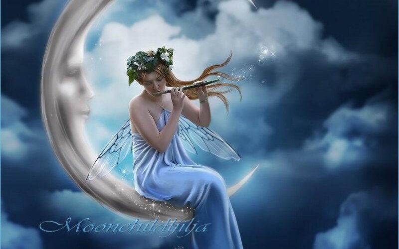 Fairy Playing Flute — Blue, Serene, Night, Digital Art, Wings