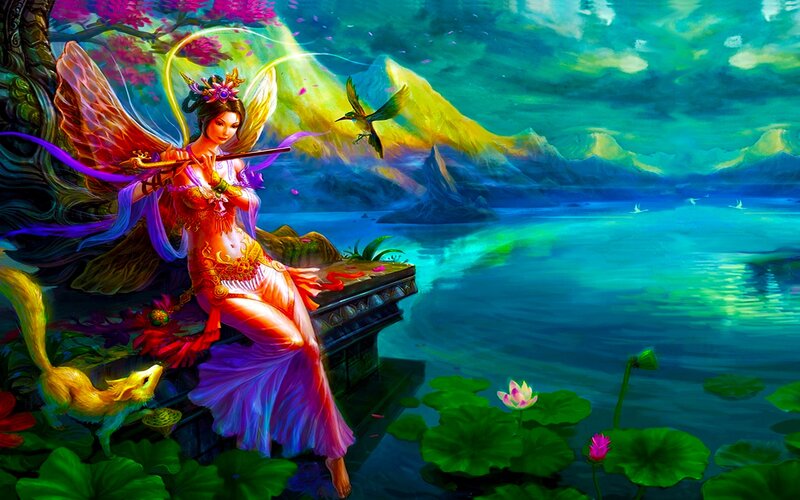 Fairy Playing Flute — Blue, Serene, Sunset