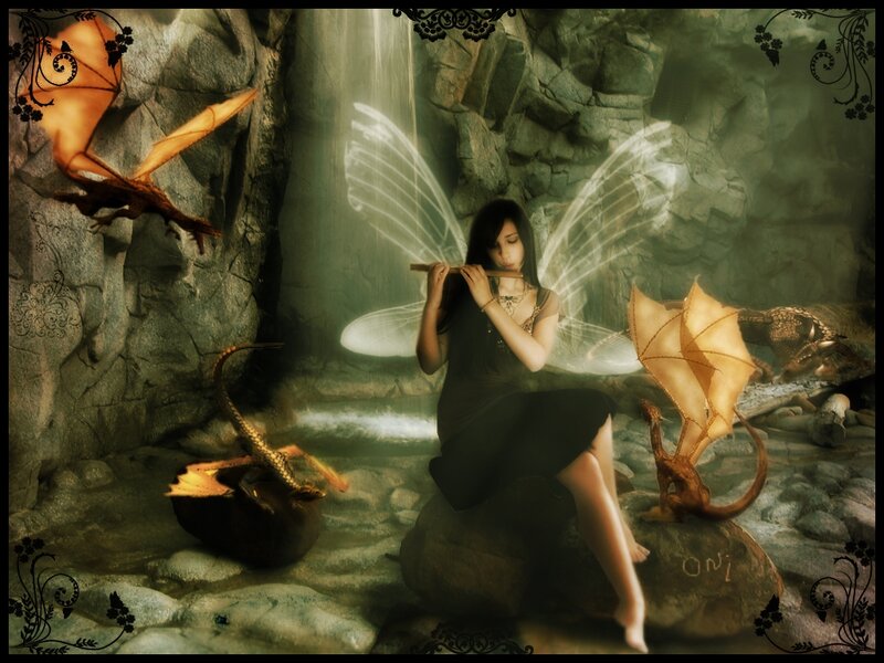 Fairy Playing Flute — Green, Serene, Digital Art