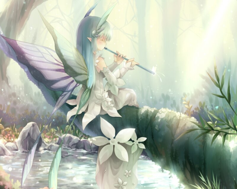 Fairy Playing Flute — Green, Serene, Morning