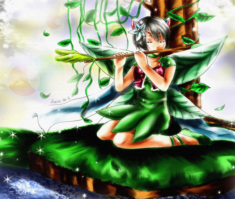 Fairy Playing Flute — Green, Serene