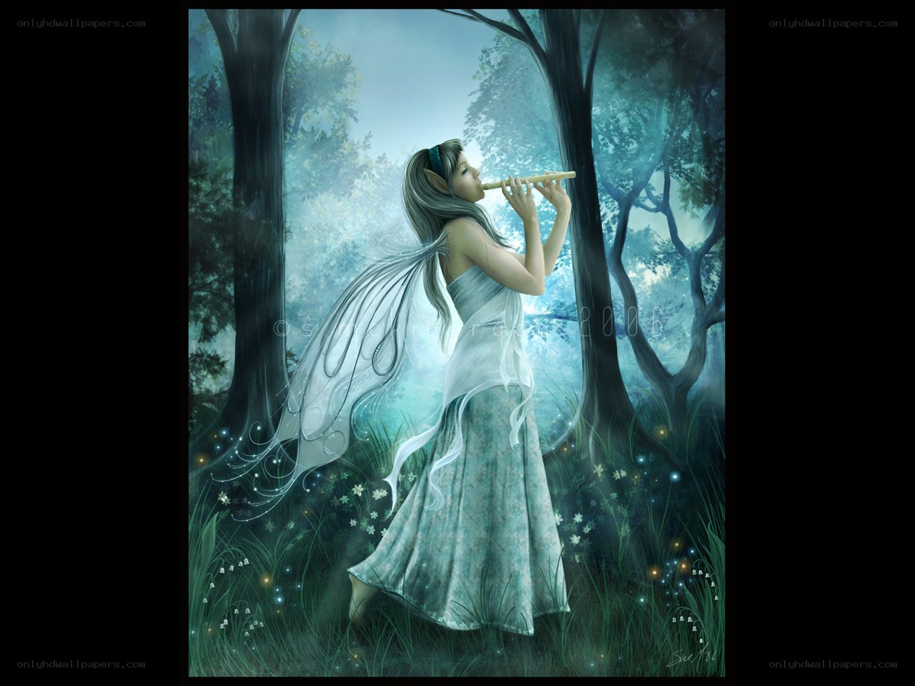 Fairy playing flute in forest