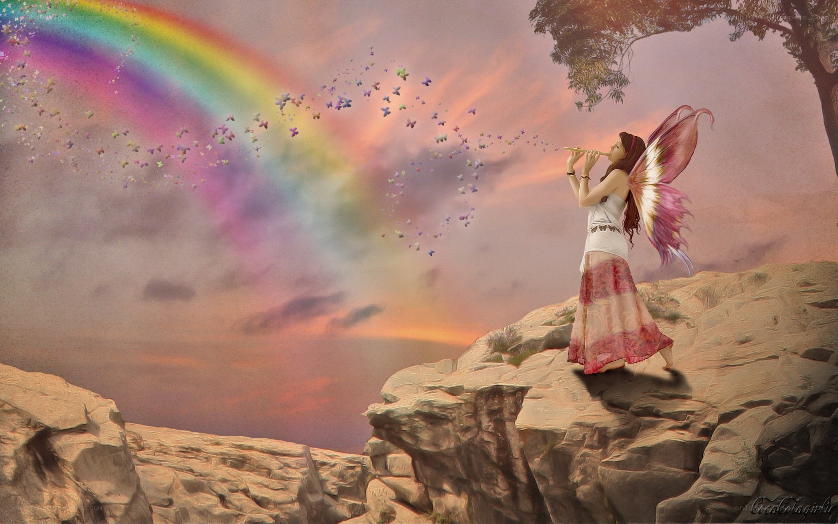 fairy playing flute on cliff