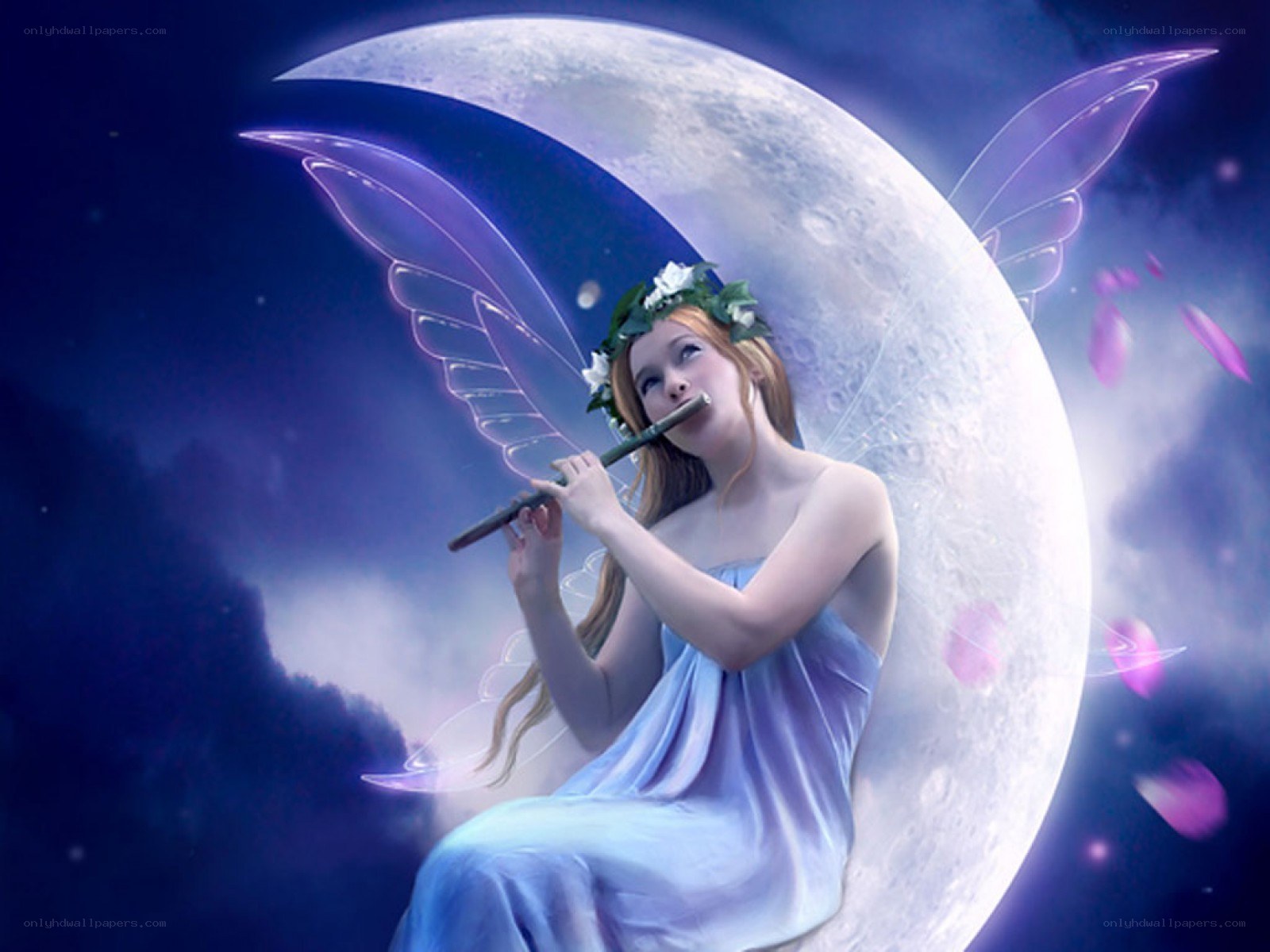 fairy playing flute on moon