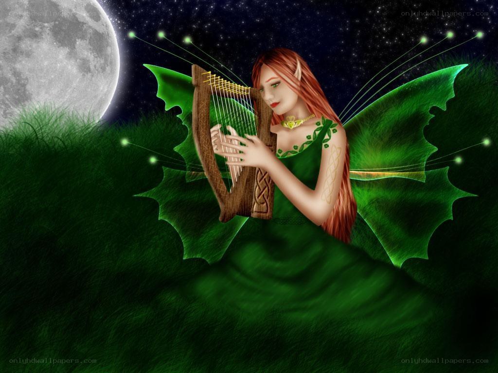 Fairy playing harp under moonlight