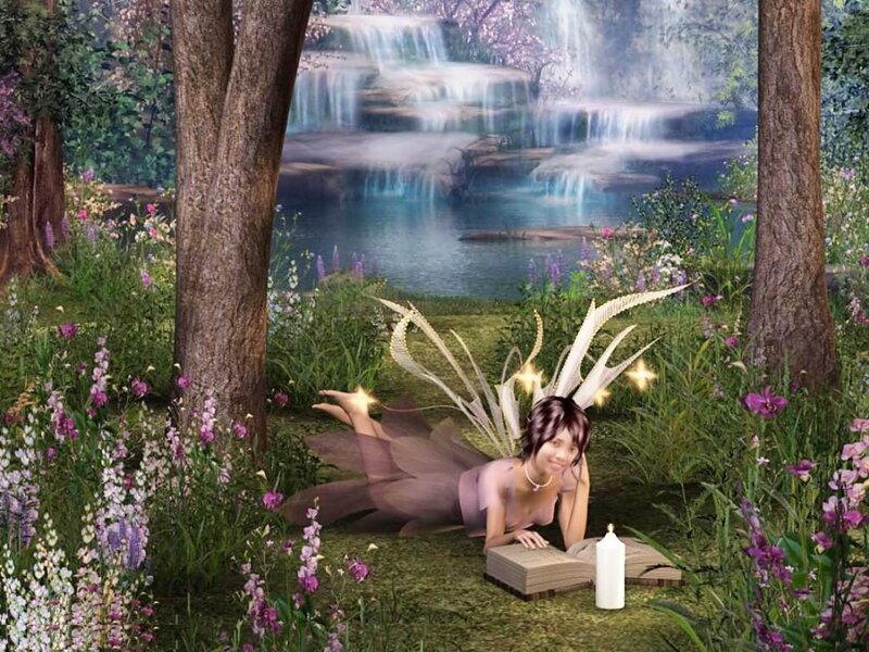fairy reading by waterfall