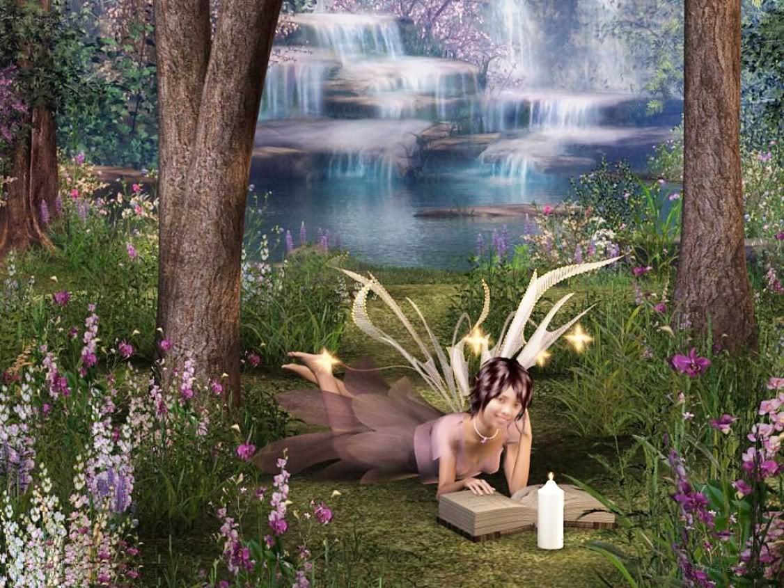 fairy reading by waterfall