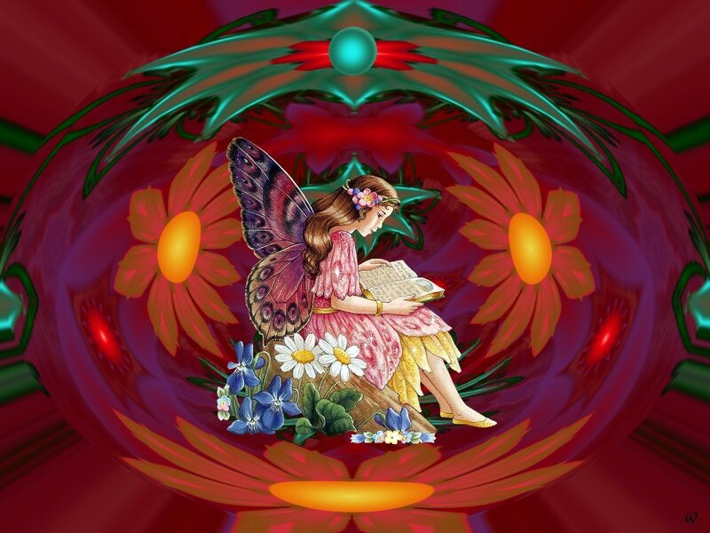 fairy reading in a flower garden